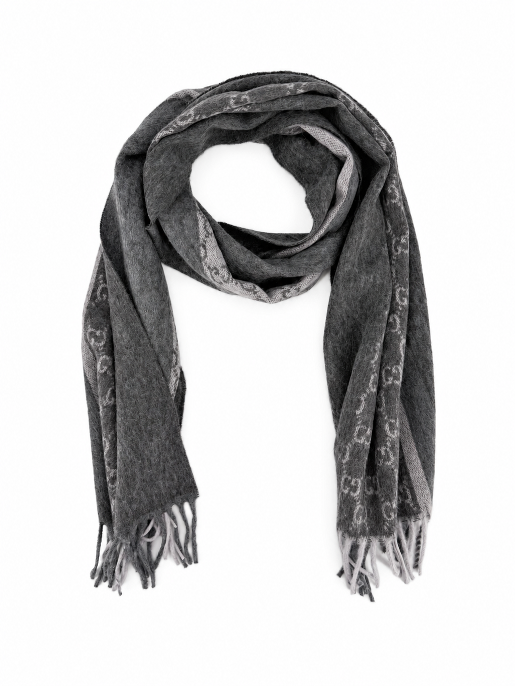 Gucci Monogram Charcoal Grey Cashmere & Wool Scarf with Fringe - Eljoys Fashion 
