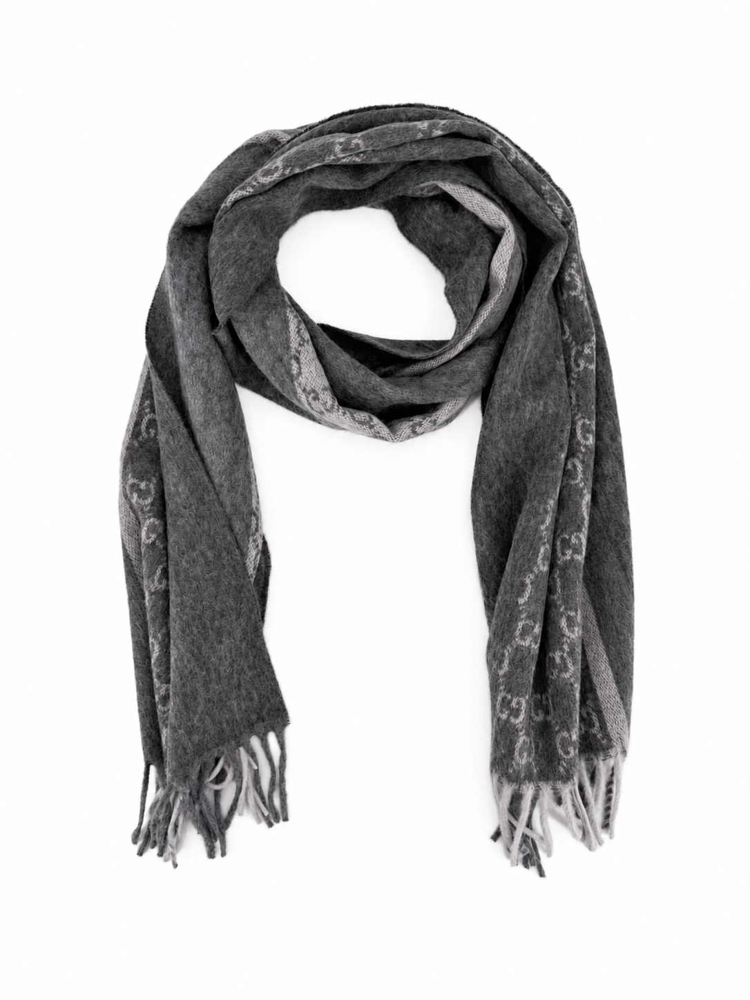Gucci Monogram Charcoal Grey Cashmere & Wool Scarf with Fringe - Eljoys Fashion 