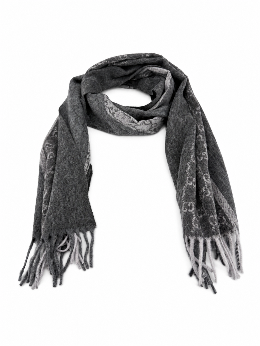 Gucci Monogram Charcoal Grey Cashmere & Wool Scarf with Fringe - Eljoys Fashion 