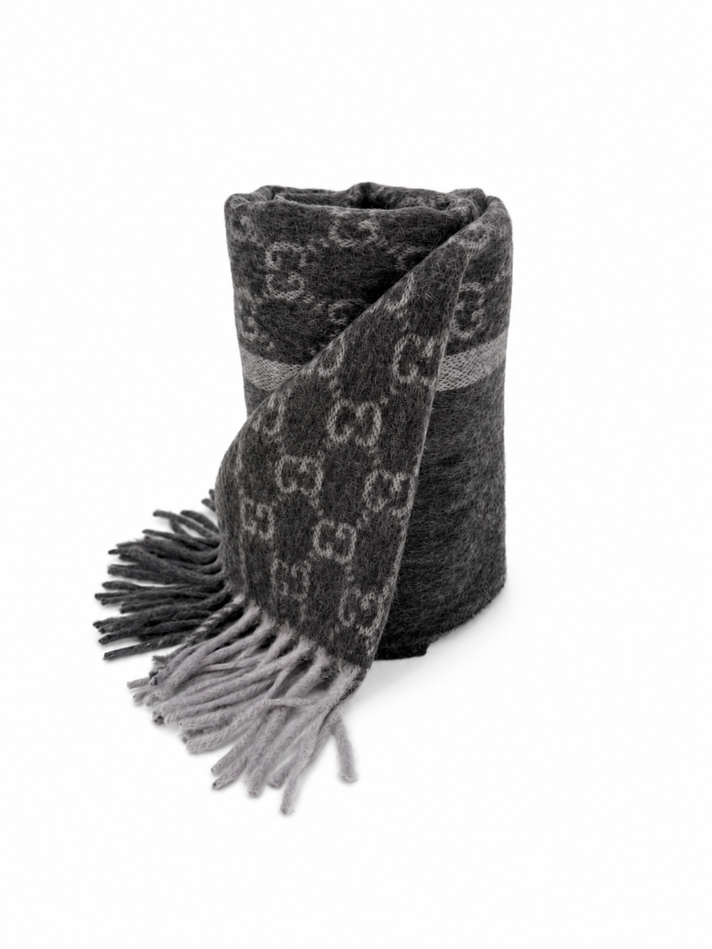 Gucci Monogram Charcoal Grey Cashmere & Wool Scarf with Fringe - Eljoys Fashion 