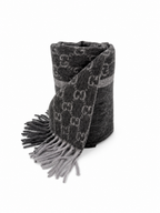 Gucci Monogram Charcoal Grey Cashmere & Wool Scarf with Fringe - Eljoys Fashion 