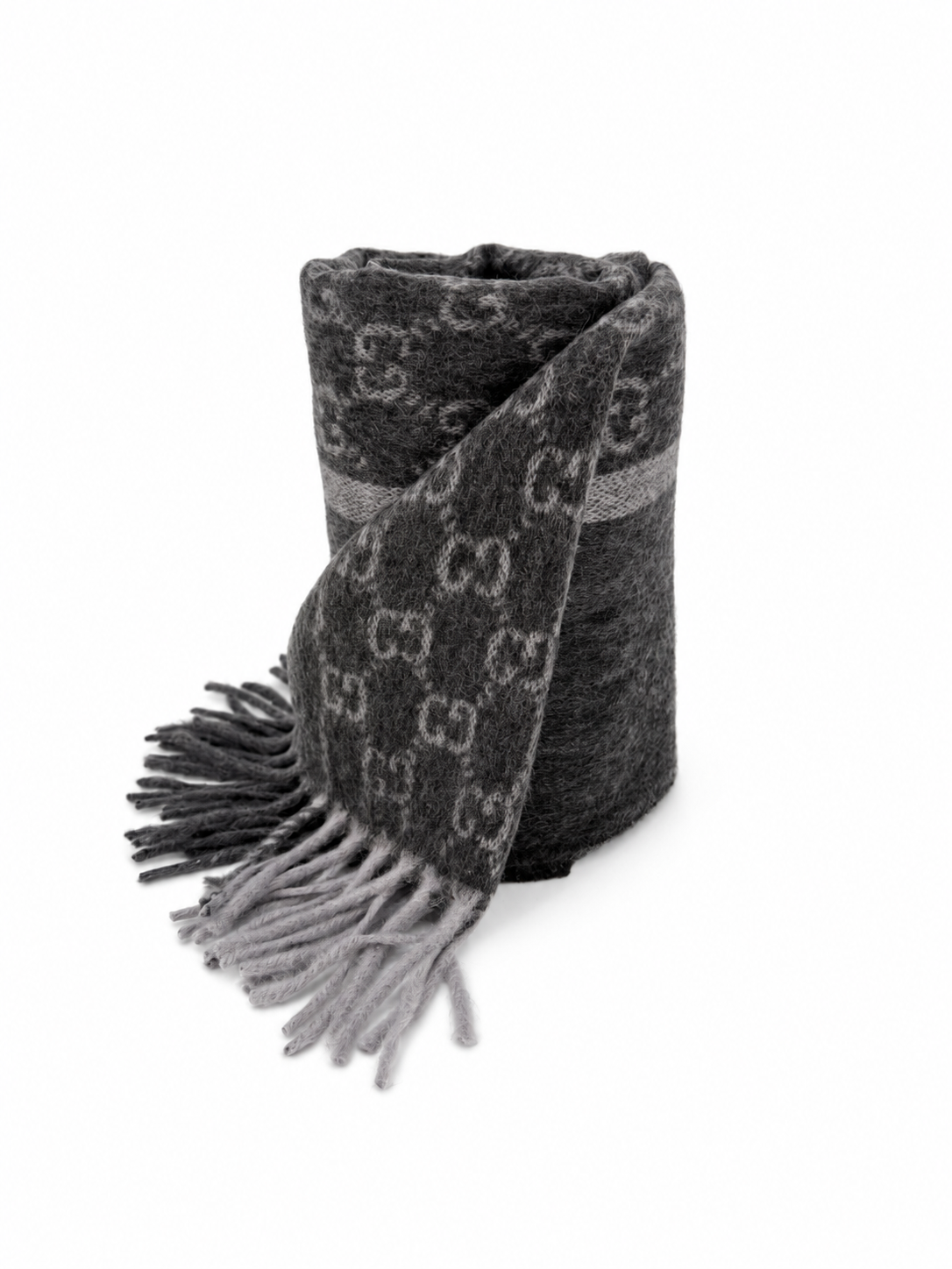 Gucci Monogram Charcoal Grey Cashmere & Wool Scarf with Fringe - Eljoys Fashion 