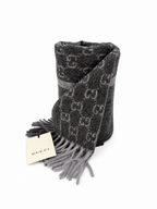 Gucci Monogram Charcoal Grey Cashmere & Wool Scarf with Fringe - Eljoys Fashion 