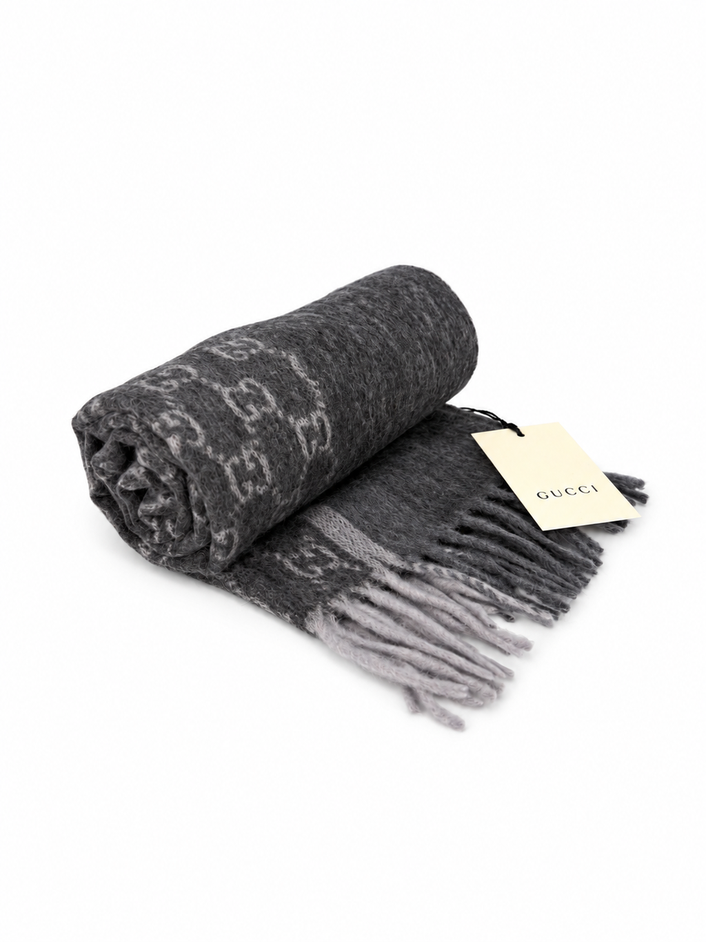 Gucci Monogram Charcoal Grey Cashmere & Wool Scarf with Fringe - Eljoys Fashion 