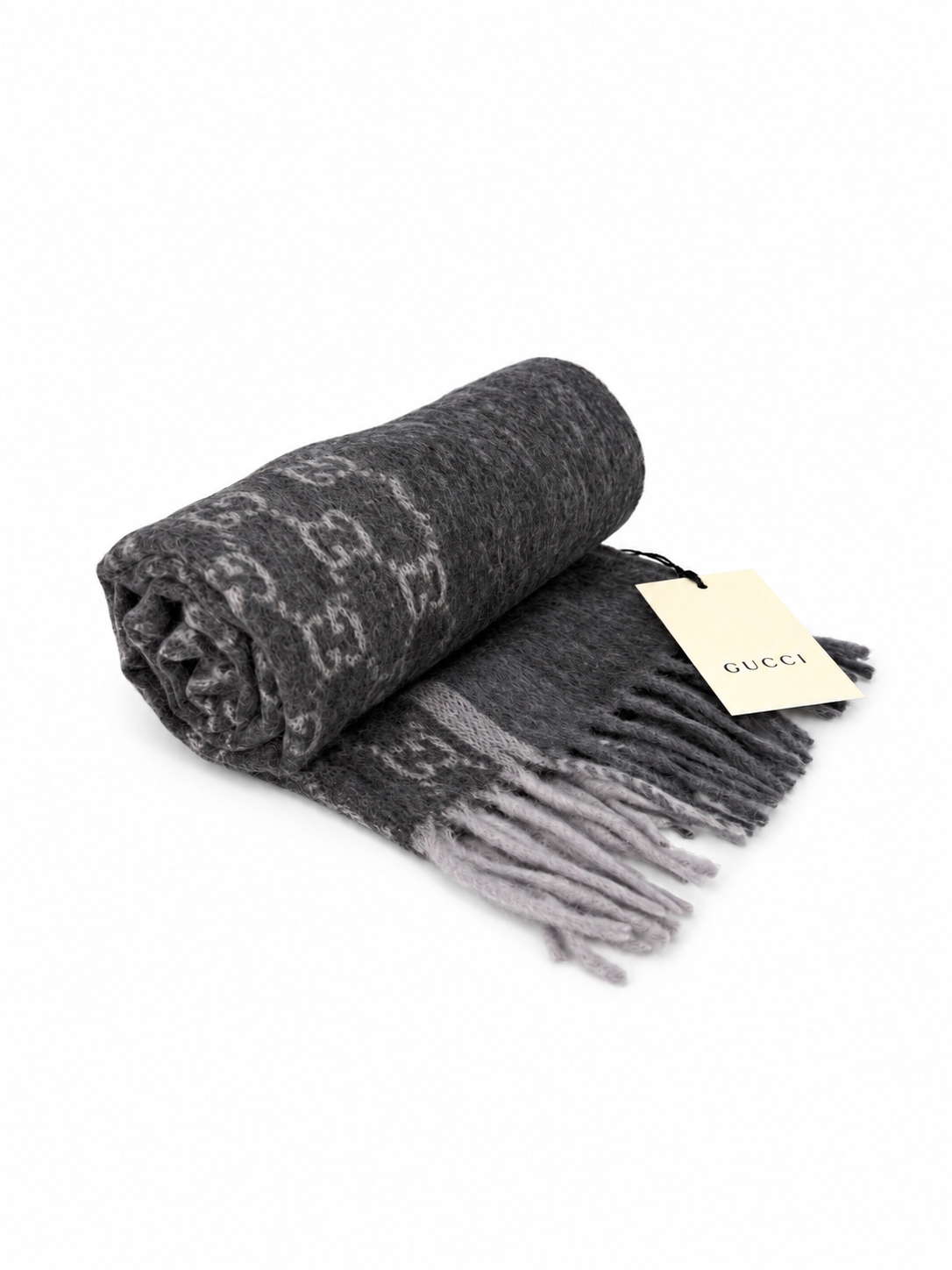 Gucci Monogram Charcoal Grey Cashmere & Wool Scarf with Fringe - Eljoys Fashion 