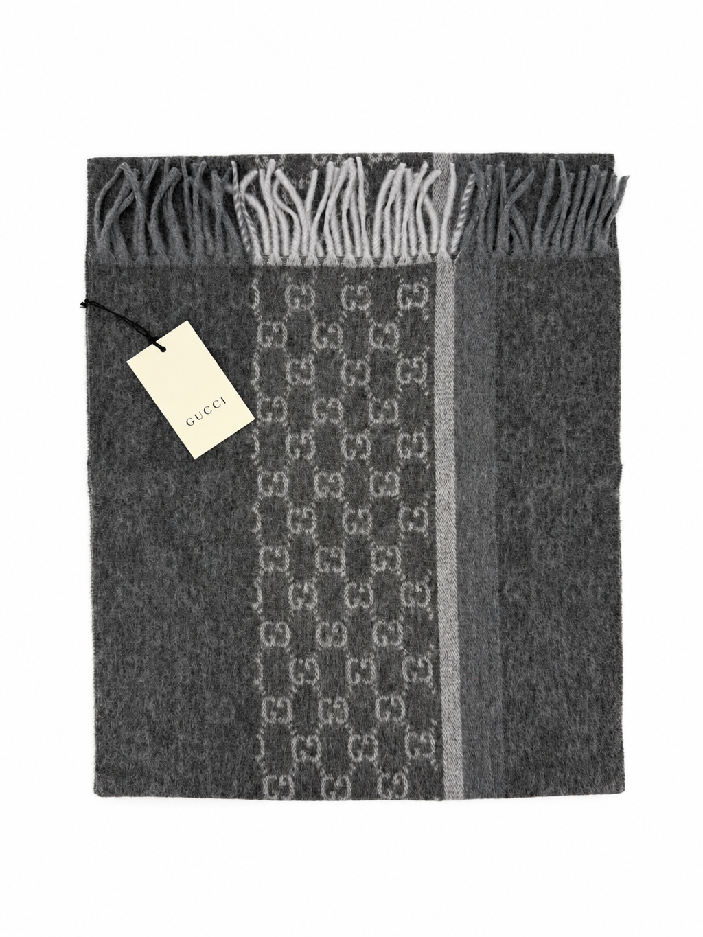 Gucci Monogram Charcoal Grey Cashmere & Wool Scarf with Fringe - Eljoys Fashion 