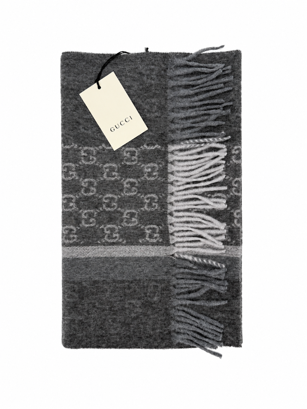 Gucci Monogram Charcoal Grey Cashmere & Wool Scarf with Fringe - Eljoys Fashion 