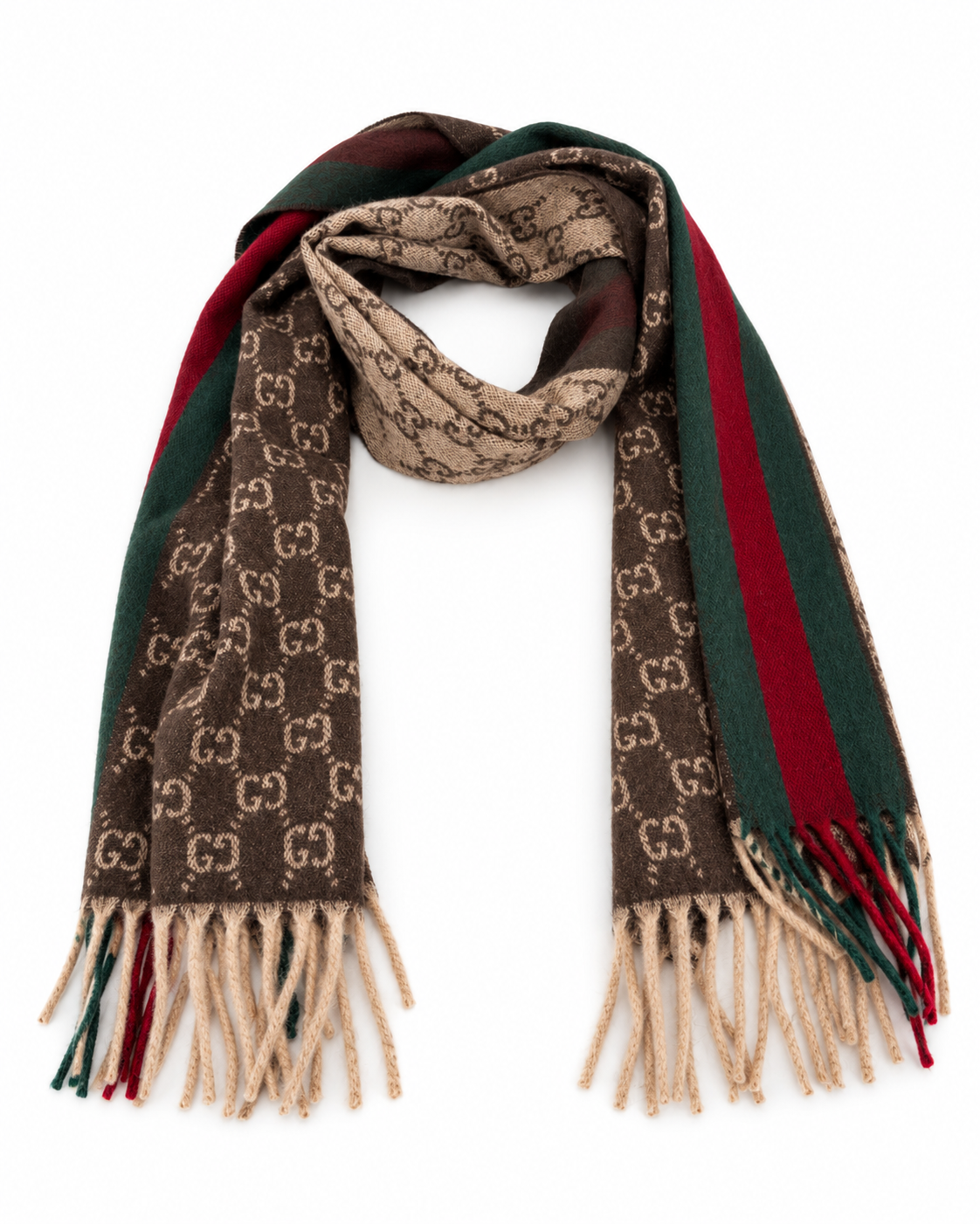 Gucci Monogram Brown Cashmere & Wool Scarf with Green & Red Web Stripe - Eljoys Fashion 