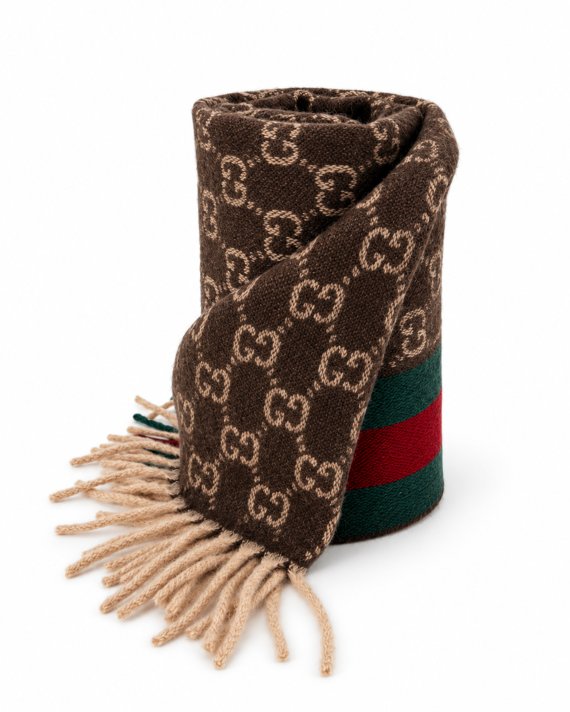 Gucci Monogram Brown Cashmere & Wool Scarf with Green & Red Web Stripe - Eljoys Fashion 