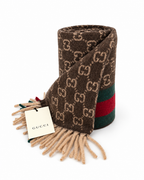 Gucci Monogram Brown Cashmere & Wool Scarf with Green & Red Web Stripe - Eljoys Fashion 