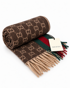 Gucci Monogram Brown Cashmere & Wool Scarf with Green & Red Web Stripe - Eljoys Fashion 
