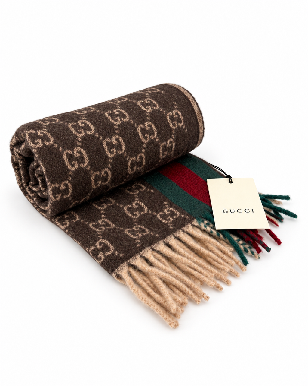 Gucci Monogram Brown Cashmere & Wool Scarf with Green & Red Web Stripe - Eljoys Fashion 