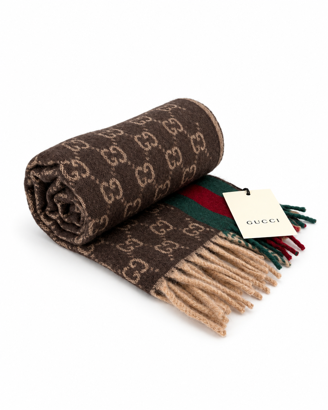 Gucci Monogram Brown Cashmere & Wool Scarf with Green & Red Web Stripe - Eljoys Fashion 