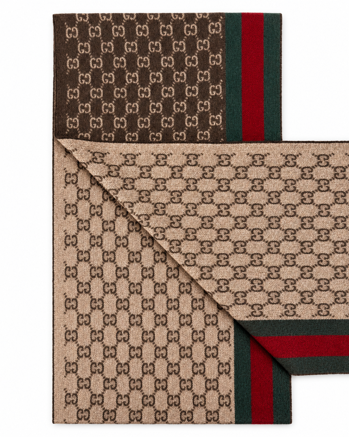 Gucci Monogram Brown Cashmere & Wool Scarf with Green & Red Web Stripe - Eljoys Fashion 