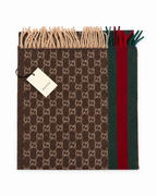 Gucci Monogram Brown Cashmere & Wool Scarf with Green & Red Web Stripe - Eljoys Fashion 
