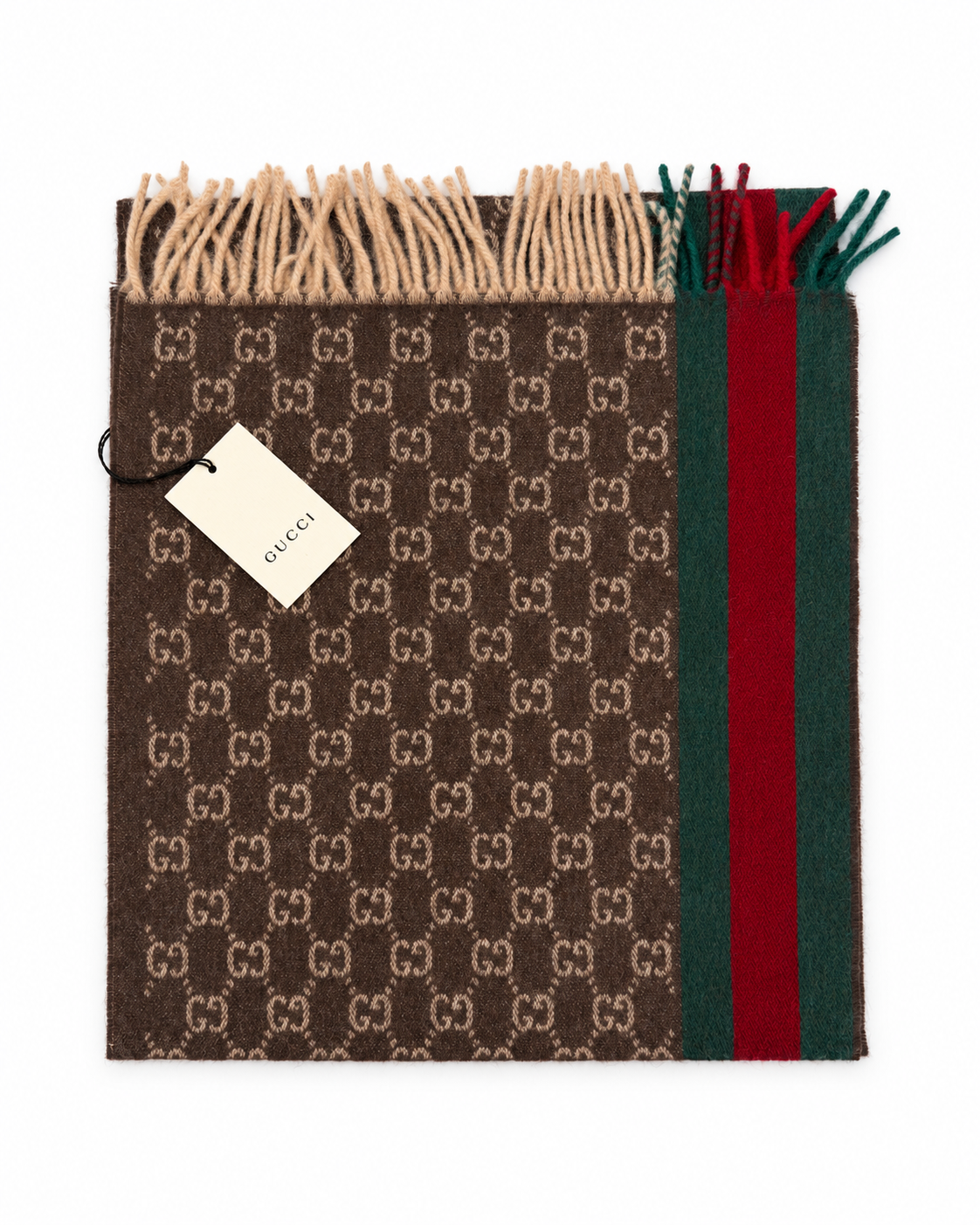 Gucci Monogram Brown Cashmere & Wool Scarf with Green & Red Web Stripe - Eljoys Fashion 