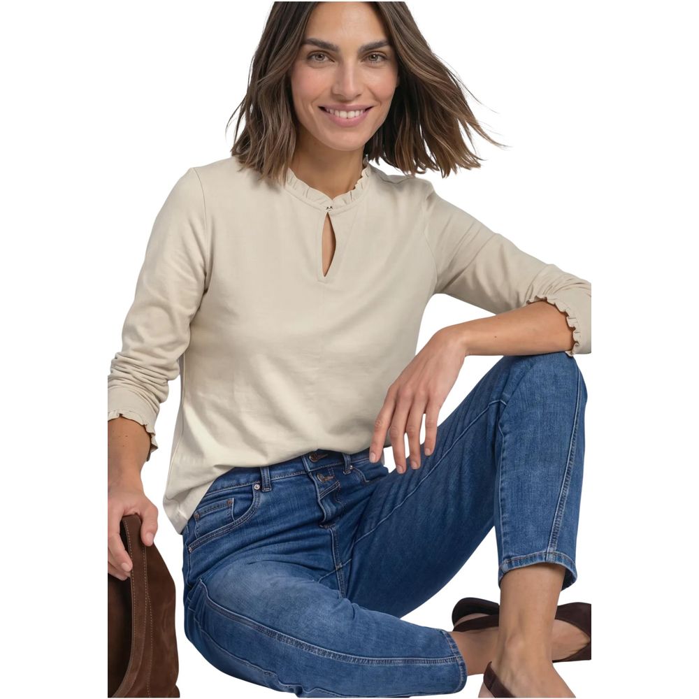 Street One Beige Cotton Long Sleeve T-Shirt - Eljoys Fashion 