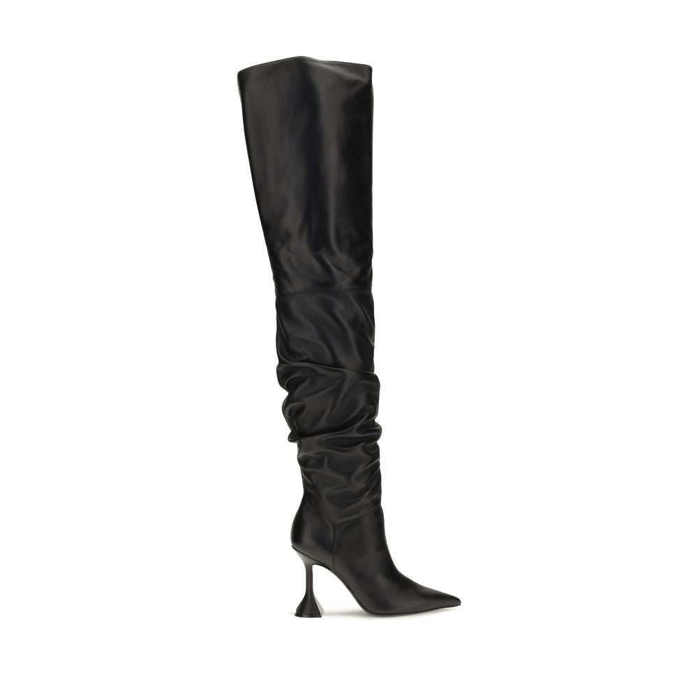 Amina Muaddi Black Calf Leather Bos Taurus Over The Knee - Eljoys Fashion 