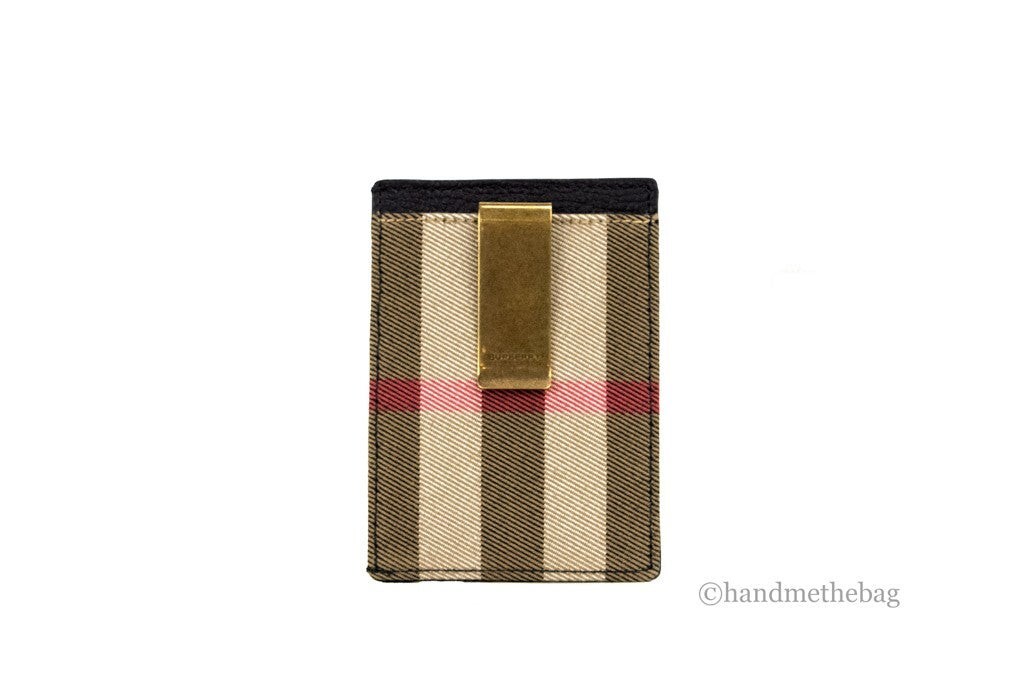 Burberry House Check Chase Black Grainy Leather Money Clip Card Case Wallet - Eljoys Fashion 