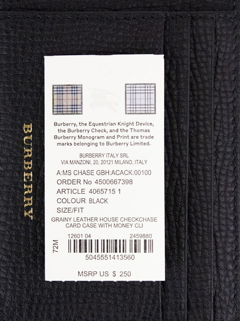 Burberry House Check Chase Black Grainy Leather Money Clip Card Case Wallet - Eljoys Fashion 