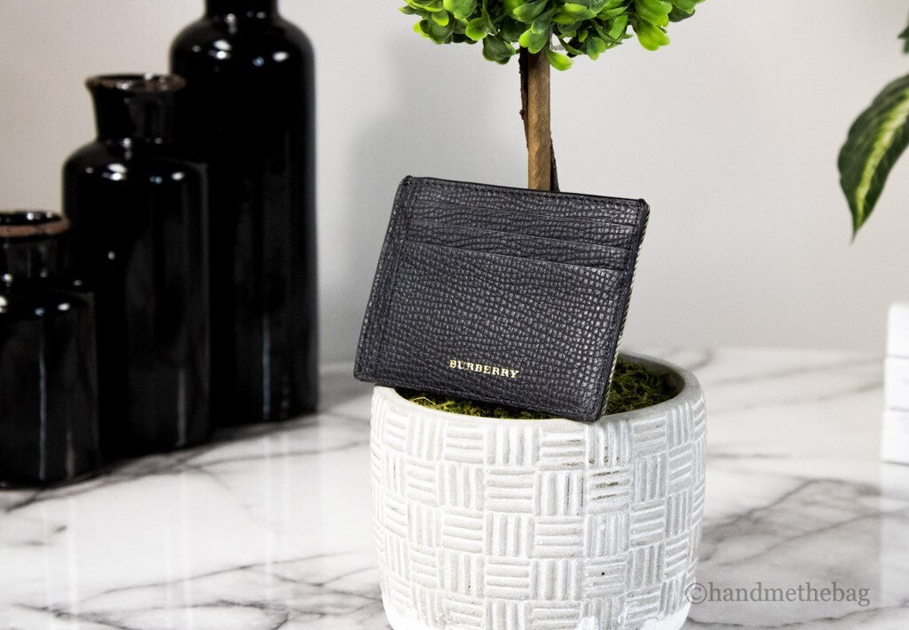 Burberry House Check Chase Black Grainy Leather Money Clip Card Case Wallet - Eljoys Fashion 
