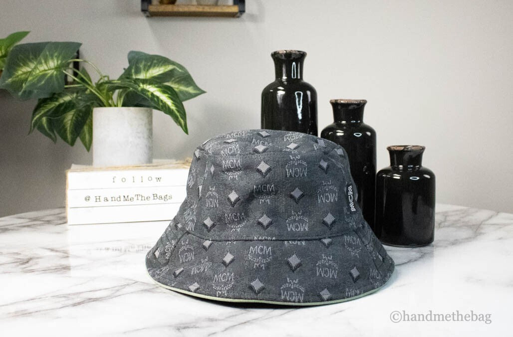 MCM Visetos Dark Grey Recycled Polyamide Cotton Blend Monogram Logo Bucket Hat - Eljoys Fashion 