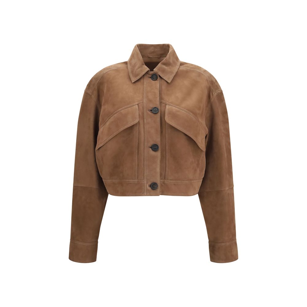 Brunello Cucinelli Brown Calf Leather Bos Taurus Denim Jacket - Eljoys Fashion 