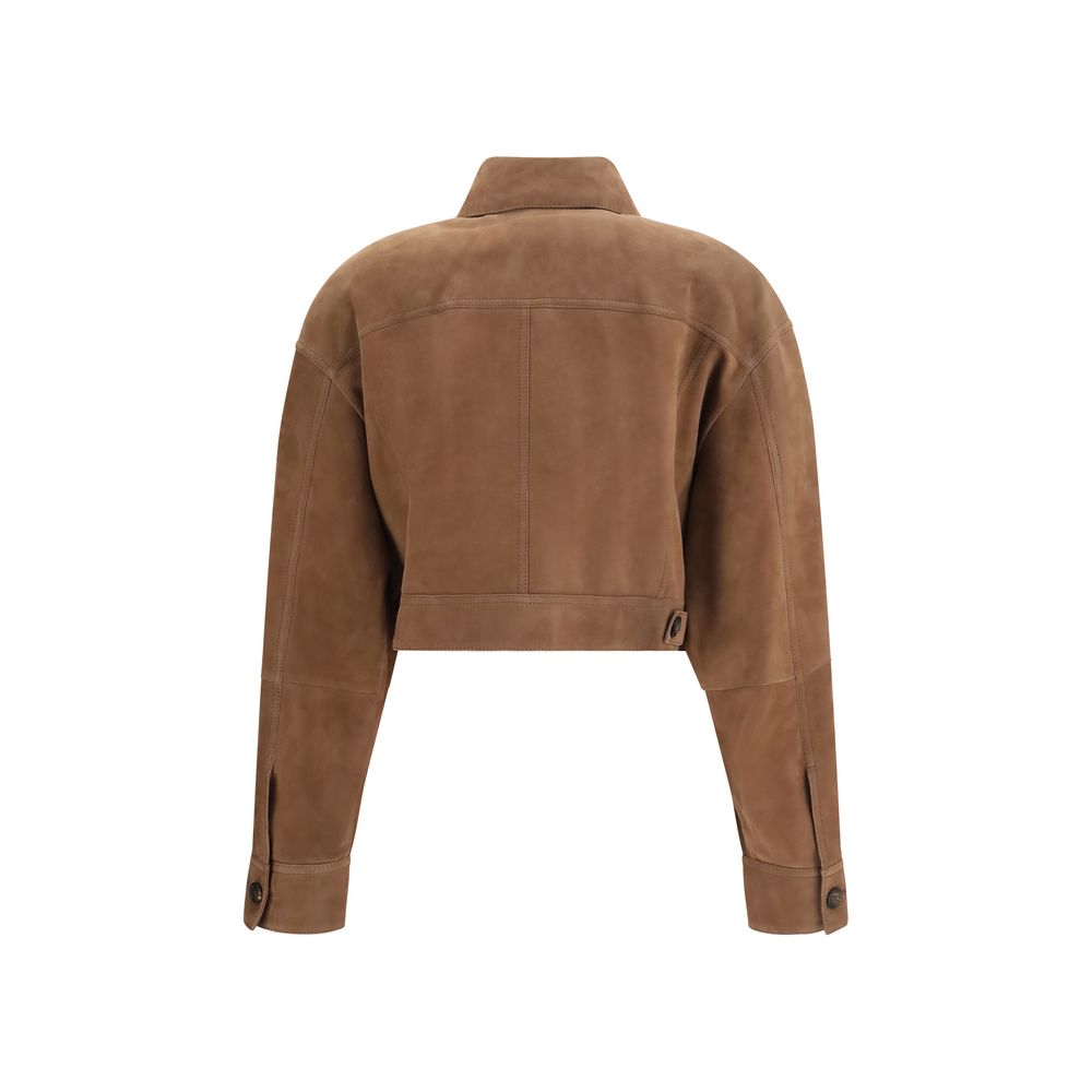Brunello Cucinelli Brown Calf Leather Bos Taurus Denim Jacket - Eljoys Fashion 