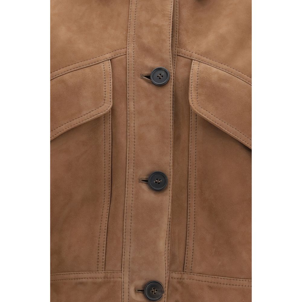 Brunello Cucinelli Brown Calf Leather Bos Taurus Denim Jacket - Eljoys Fashion 
