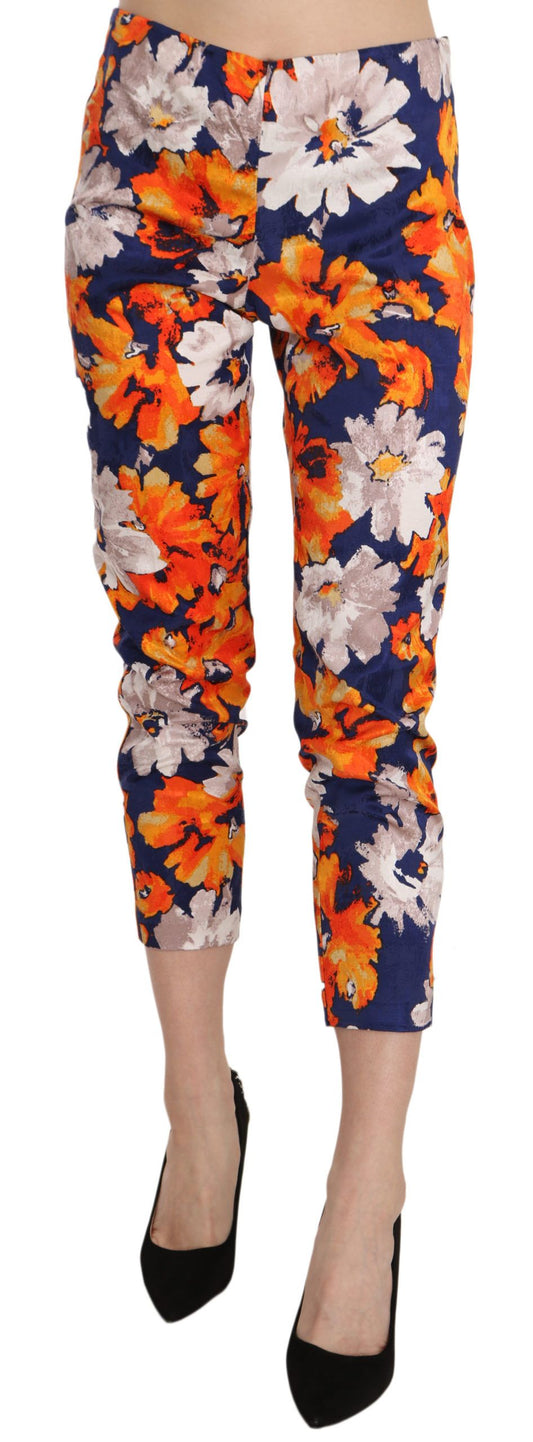 LANACAPRINA Blue Floral Print Skinny Slim Fit Trousers Pants LANACAPRINA