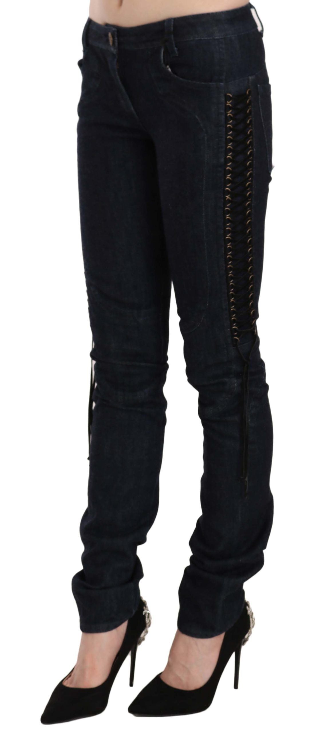 Just Cavalli Blue Low Waist Skinny Trousers Braided String Pants Just Cavalli