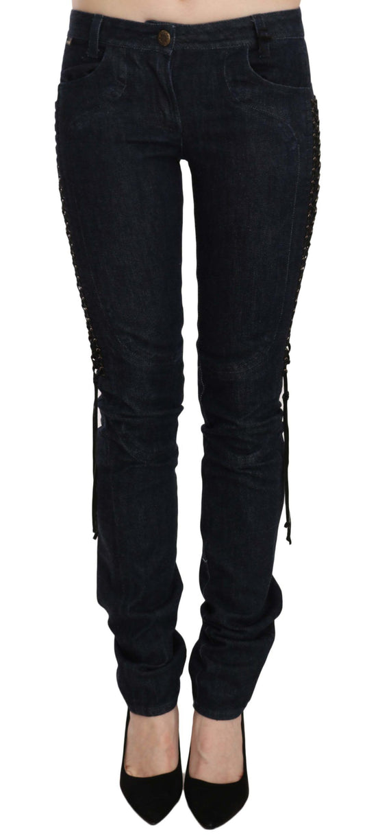 Just Cavalli Blue Low Waist Skinny Trousers Braided String Pants Just Cavalli