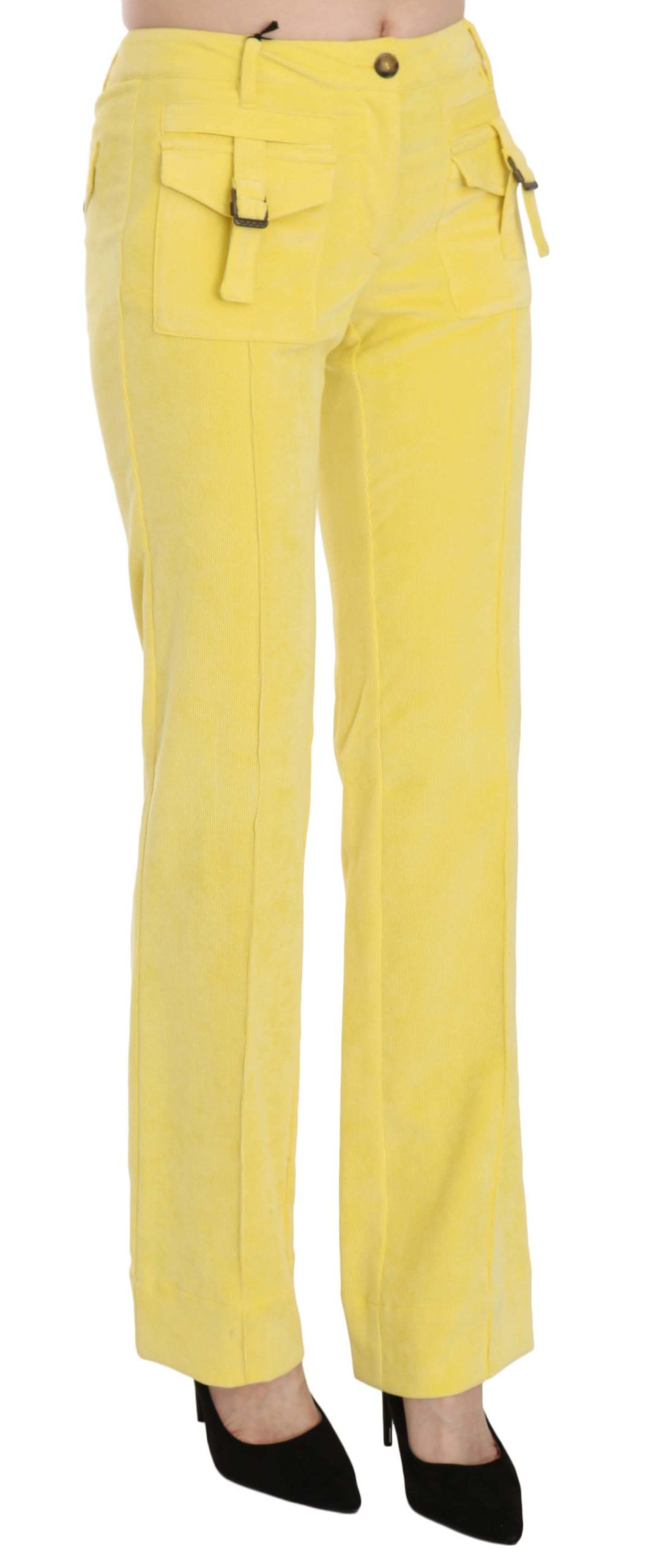 Just Cavalli Yellow Corduroy Mid Waist Straight Trousers Pants Just Cavalli