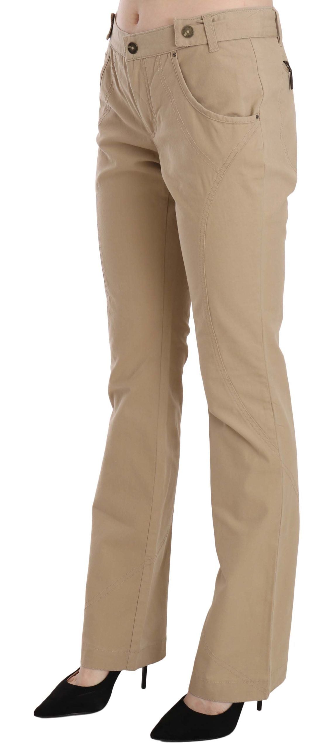 Just Cavalli Beige Cotton Mid Waist Straight Trousers Pants Just Cavalli