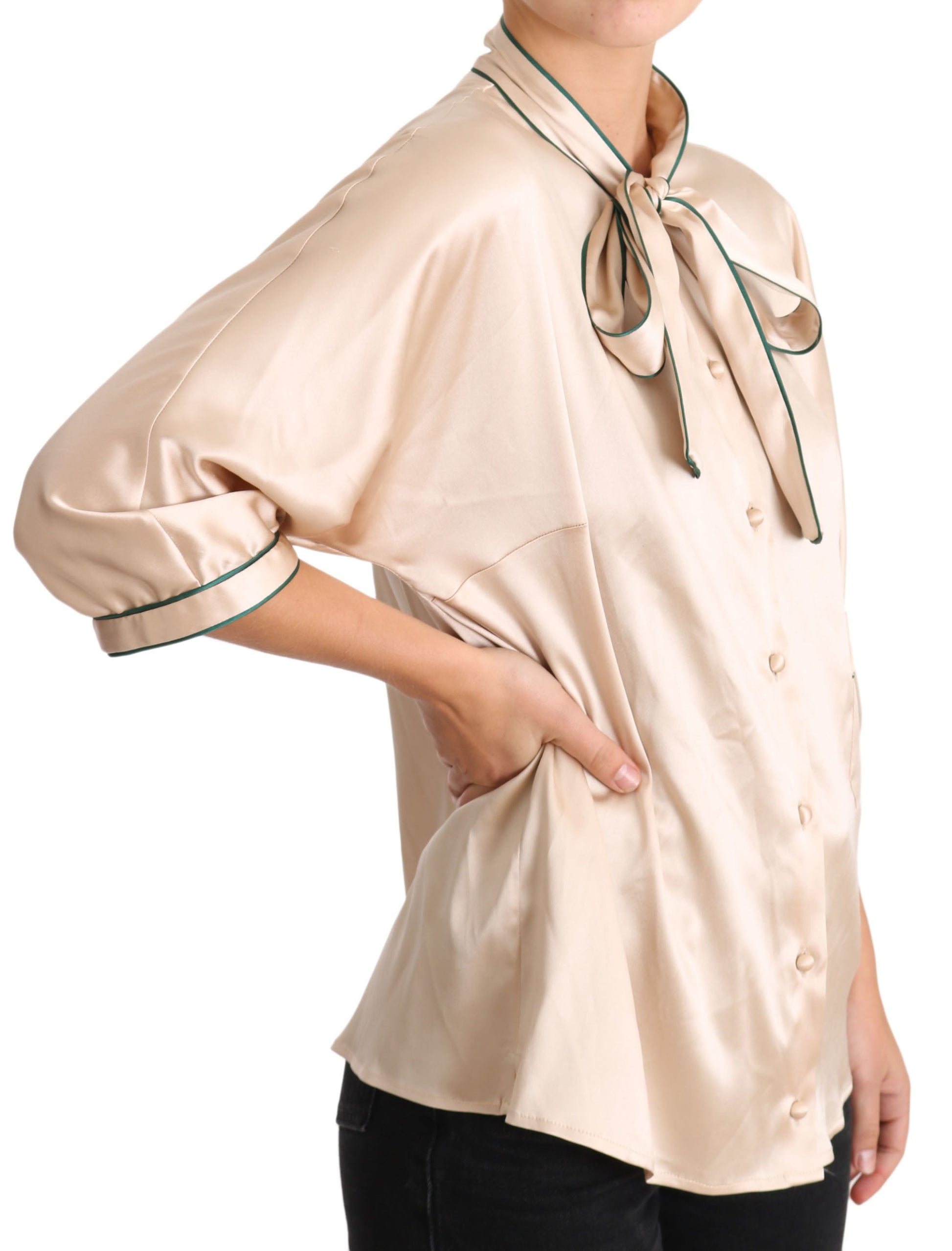 Dolce & Gabbana Beige Ribbon Silk Stretch Top Blouse Dolce & Gabbana