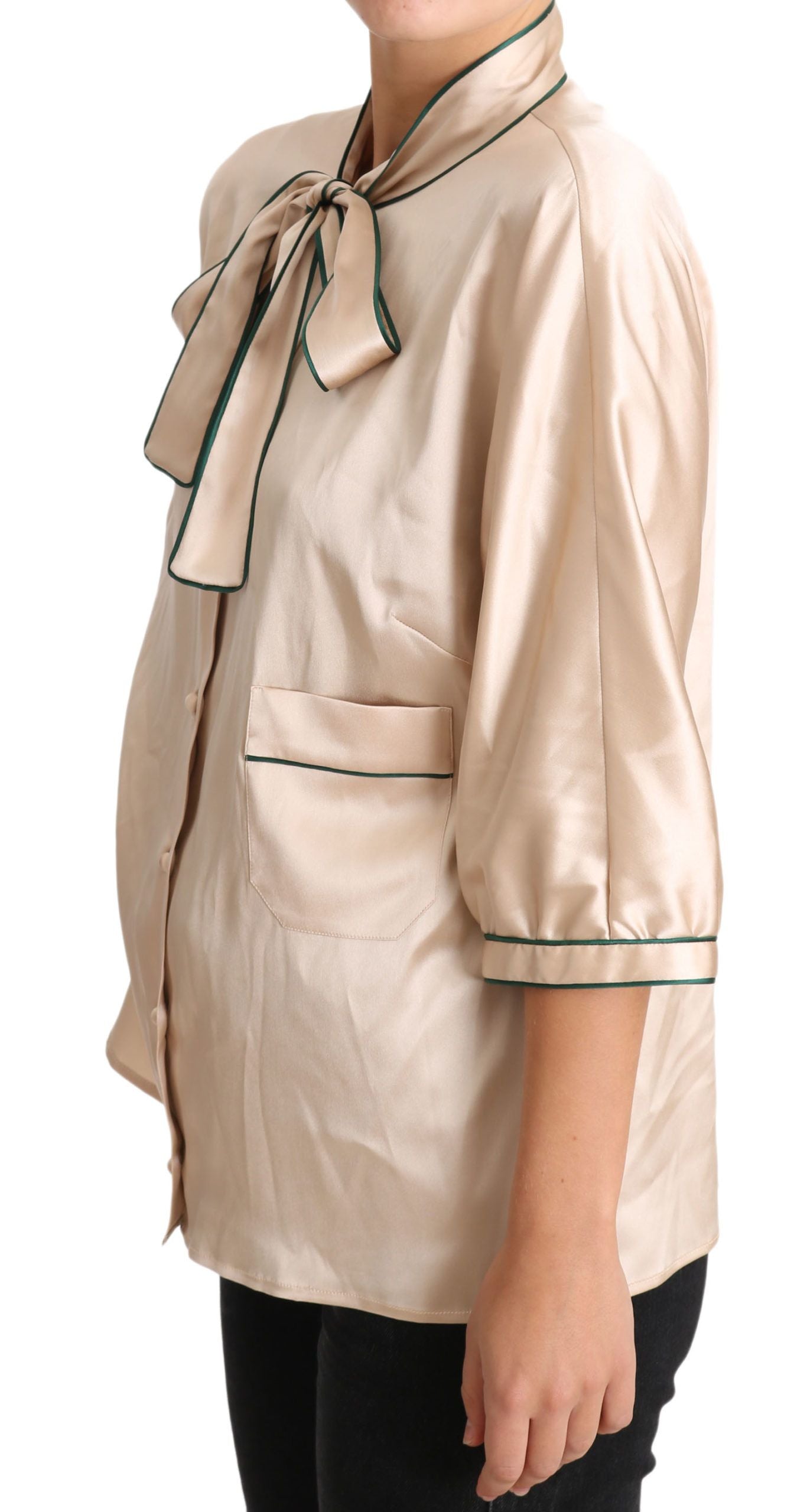 Dolce & Gabbana Beige Ribbon Silk Stretch Top Blouse Dolce & Gabbana