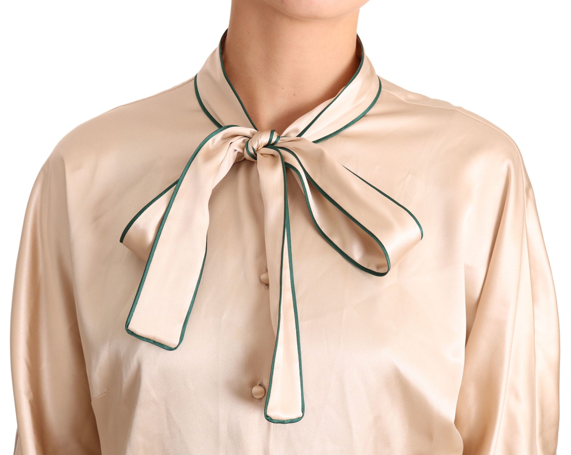 Dolce & Gabbana Beige Ribbon Silk Stretch Top Blouse Dolce & Gabbana