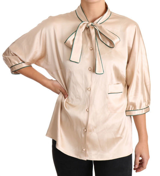 Dolce & Gabbana Beige Ribbon Silk Stretch Top Blouse Dolce & Gabbana