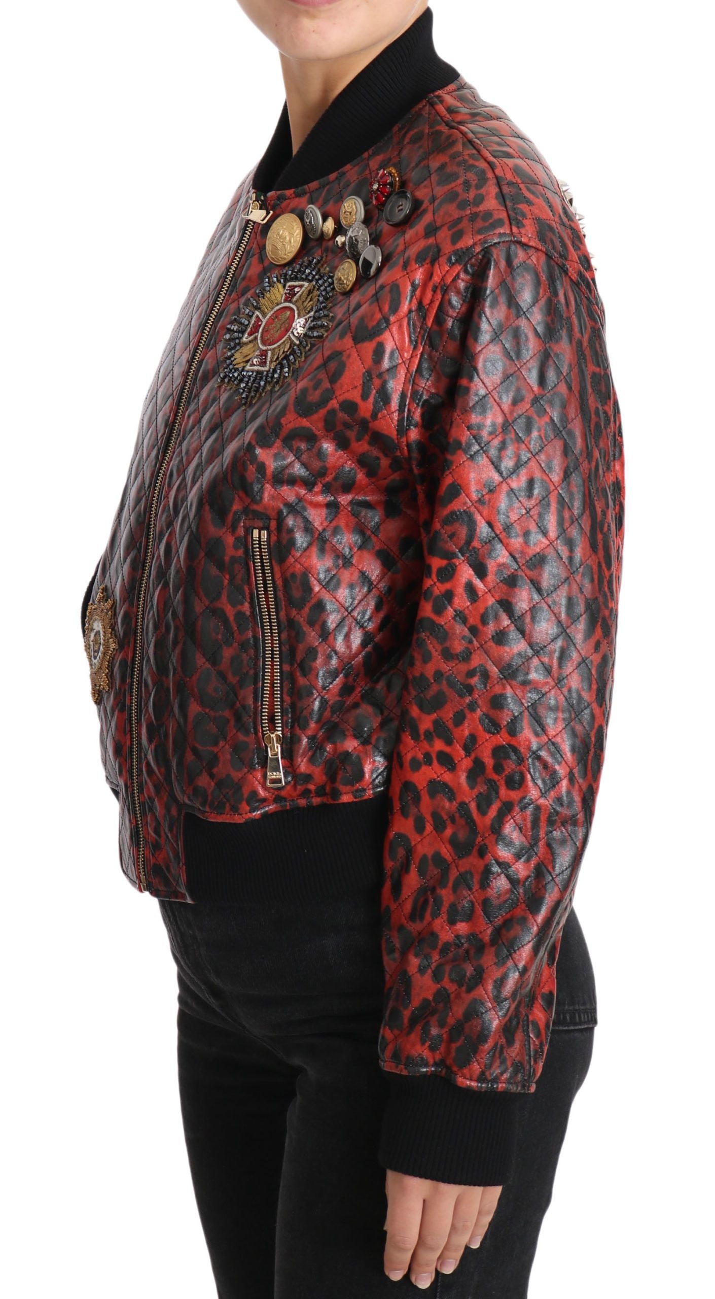 Dolce & Gabbana Red Leopard Button Crystal Leather Jacket Dolce & Gabbana