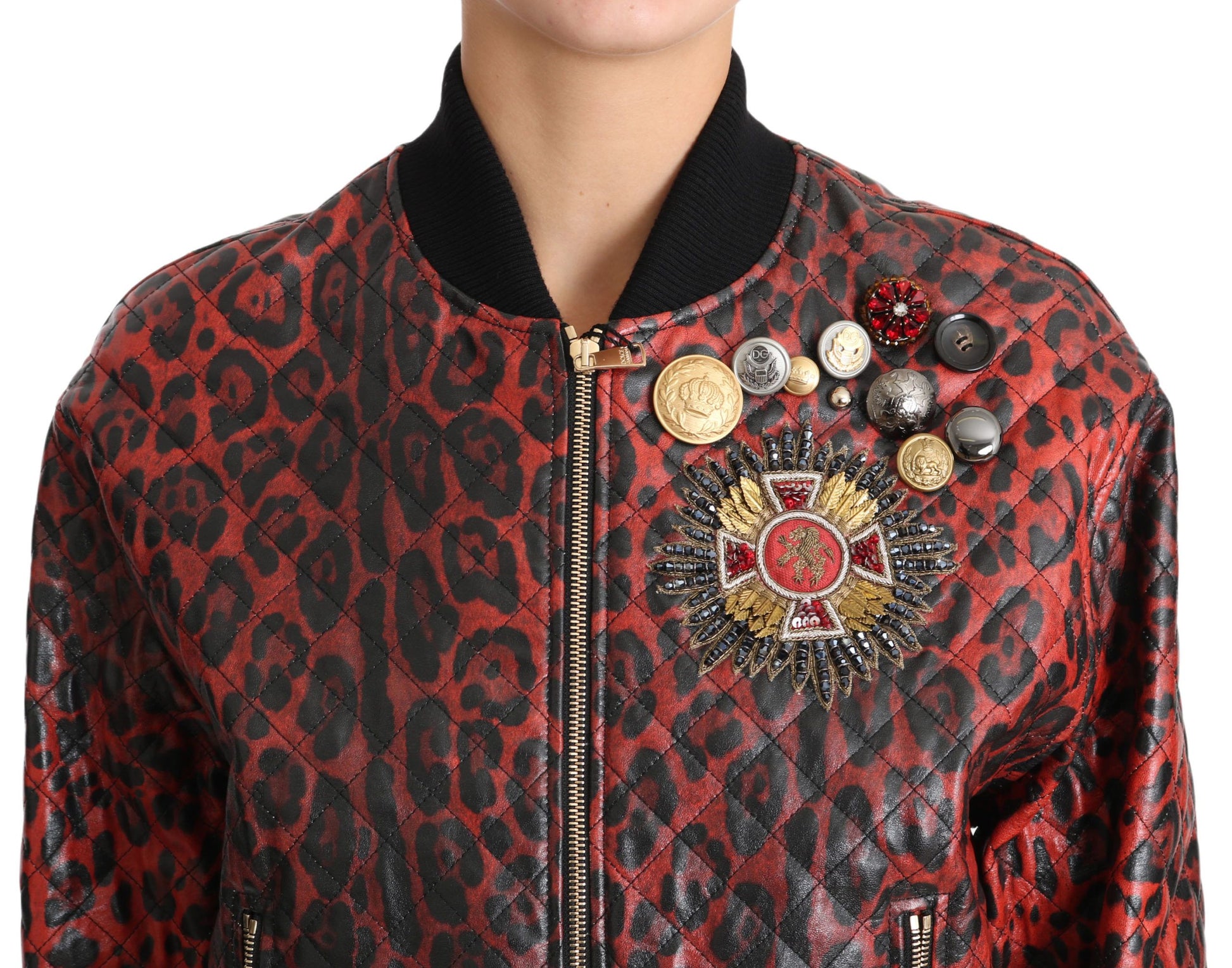 Dolce & Gabbana Red Leopard Button Crystal Leather Jacket Dolce & Gabbana