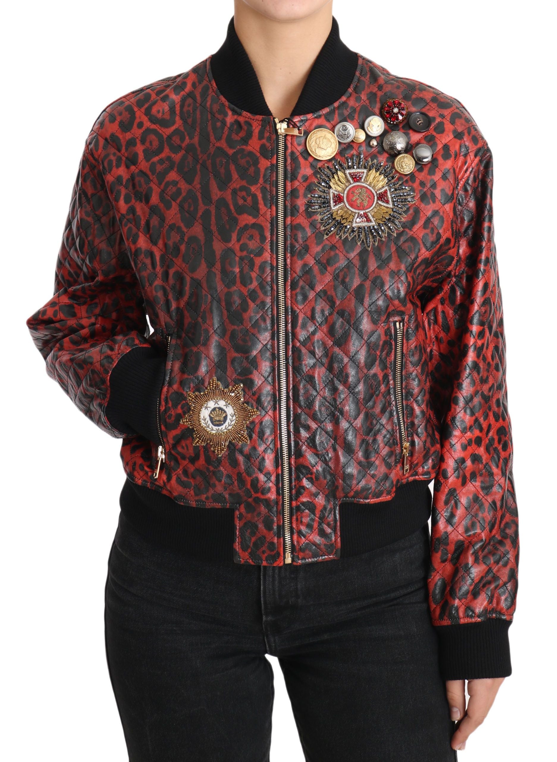 Dolce & Gabbana Red Leopard Button Crystal Leather Jacket Dolce & Gabbana
