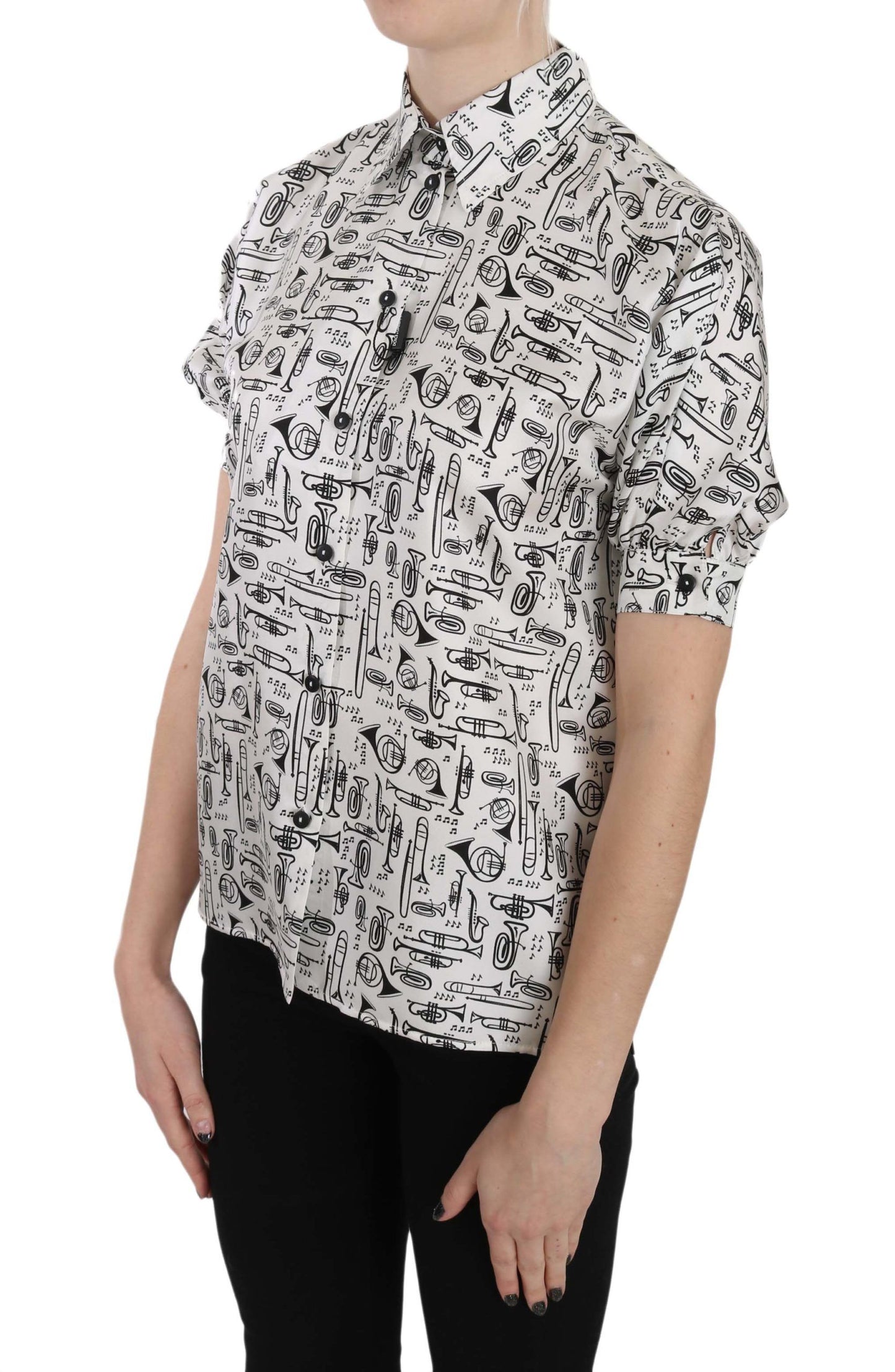 Dolce & Gabbana Trumpet Print Button Front Silk Top Blouse Dolce & Gabbana