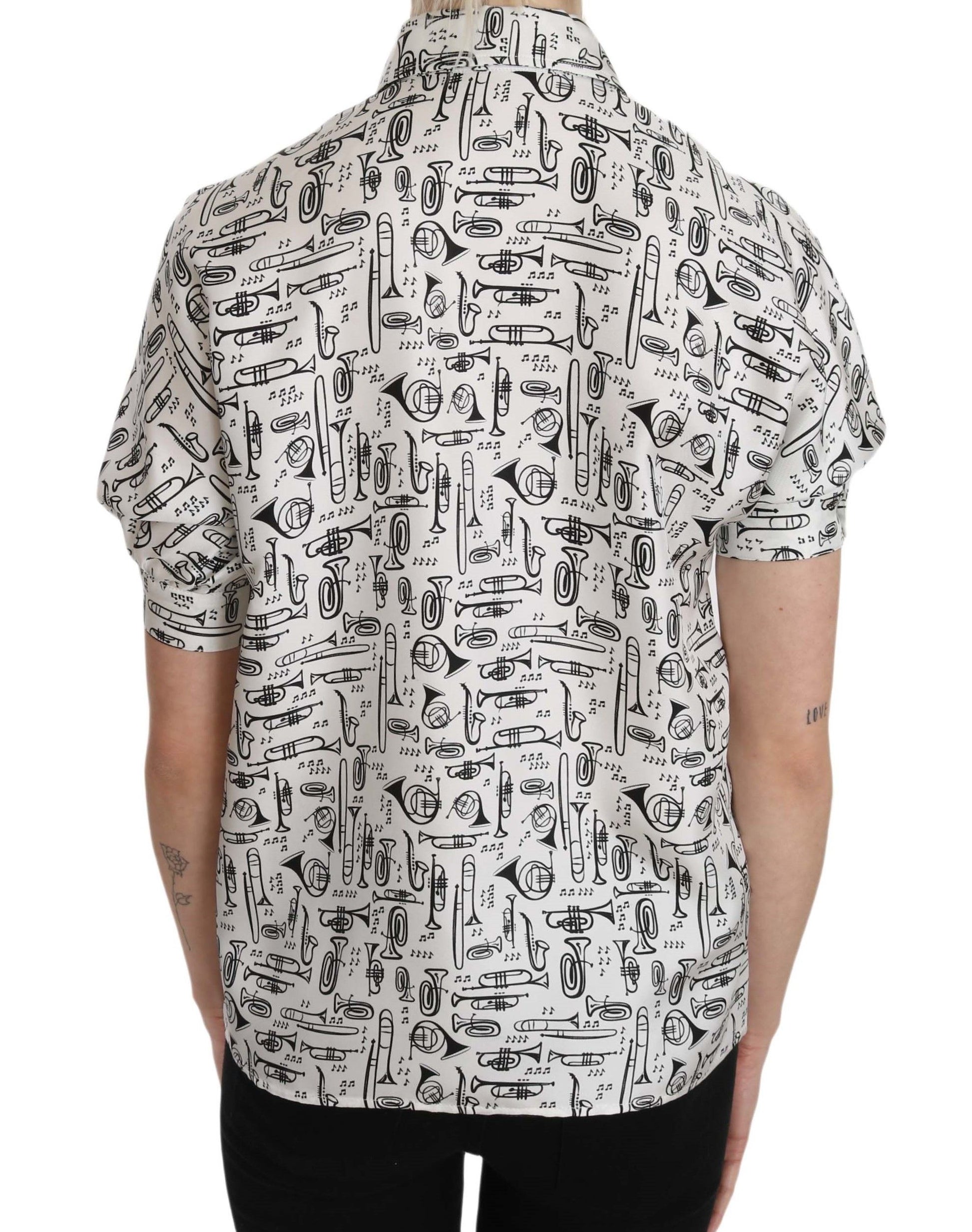 Dolce & Gabbana Trumpet Print Button Front Silk Top Blouse Dolce & Gabbana