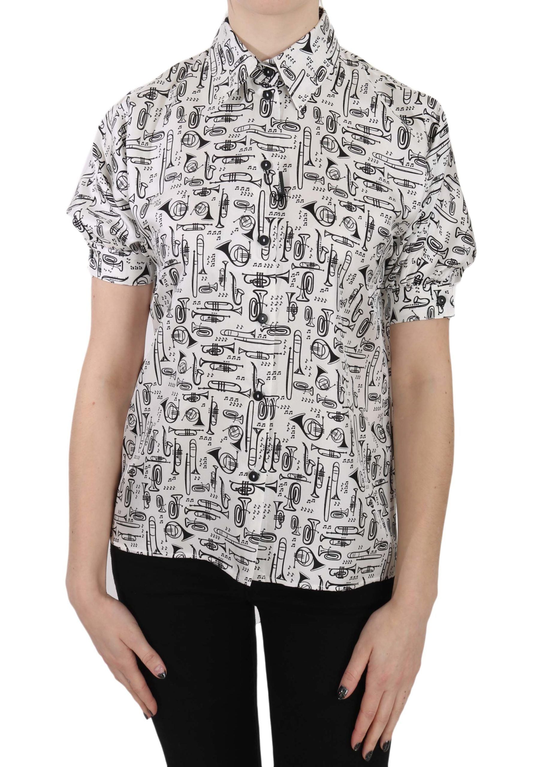 Dolce & Gabbana Trumpet Print Button Front Silk Top Blouse Dolce & Gabbana