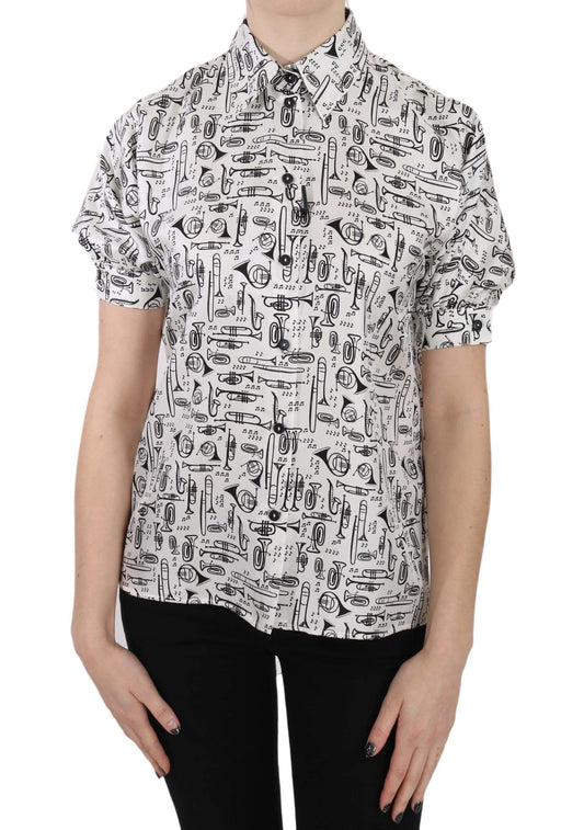 Dolce & Gabbana Trumpet Print Button Front Silk Top Blouse Dolce & Gabbana