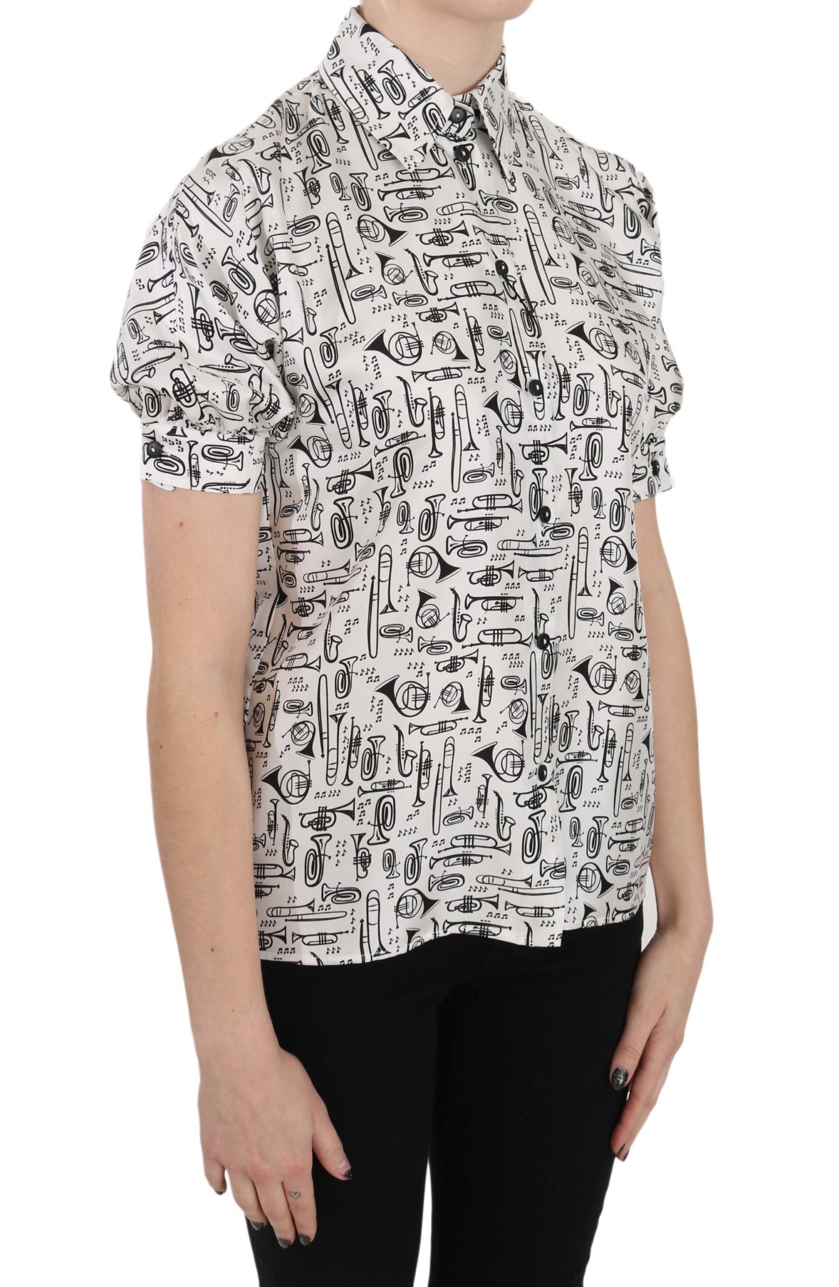 Dolce & Gabbana Trumpet Print Button Front Silk Top Blouse Dolce & Gabbana