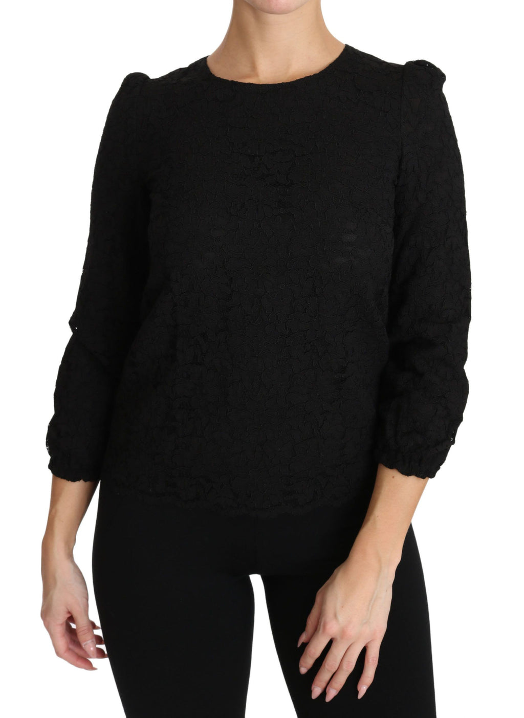 Dolce & Gabbana black floral lace zipper top blouse with long sleeves and elegant design, displayed on a plain background.