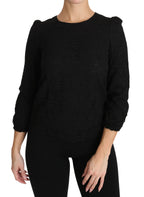 Dolce & Gabbana black floral lace zipper top blouse with long sleeves and elegant design, displayed on a plain background.