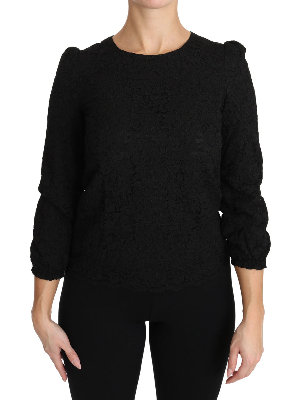 Dolce & Gabbana black floral lace zipper top blouse with intricate floral pattern and fitted design.