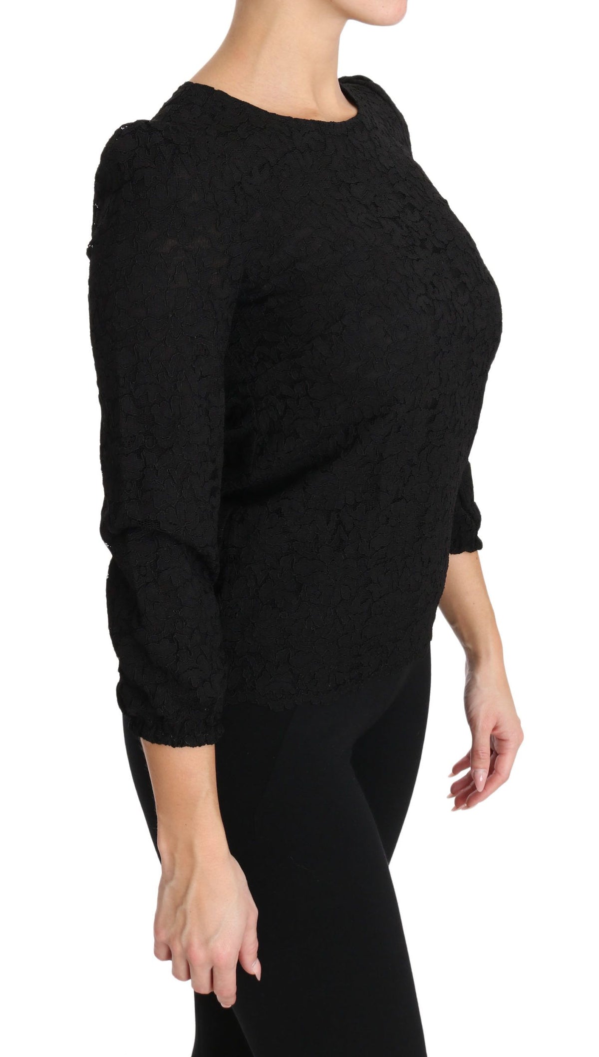 Dolce & Gabbana black floral lace zipper top blouse with intricate lace details and a front zipper closure.
